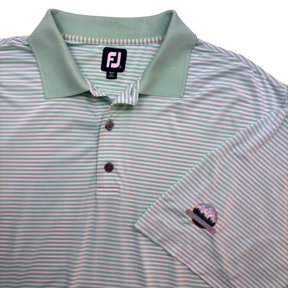 FootJoy Mens XL ProDry Golf Polo Shirt Mint Green White Striped Teton Pines Logo